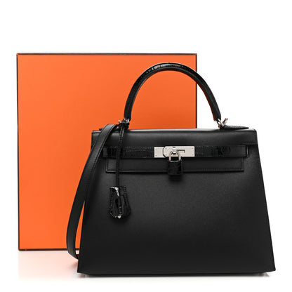 Hermes Madame Calfskin Shiny Niloticus Crocodile Kelly Sellier Touch 28 Black 13 of 13