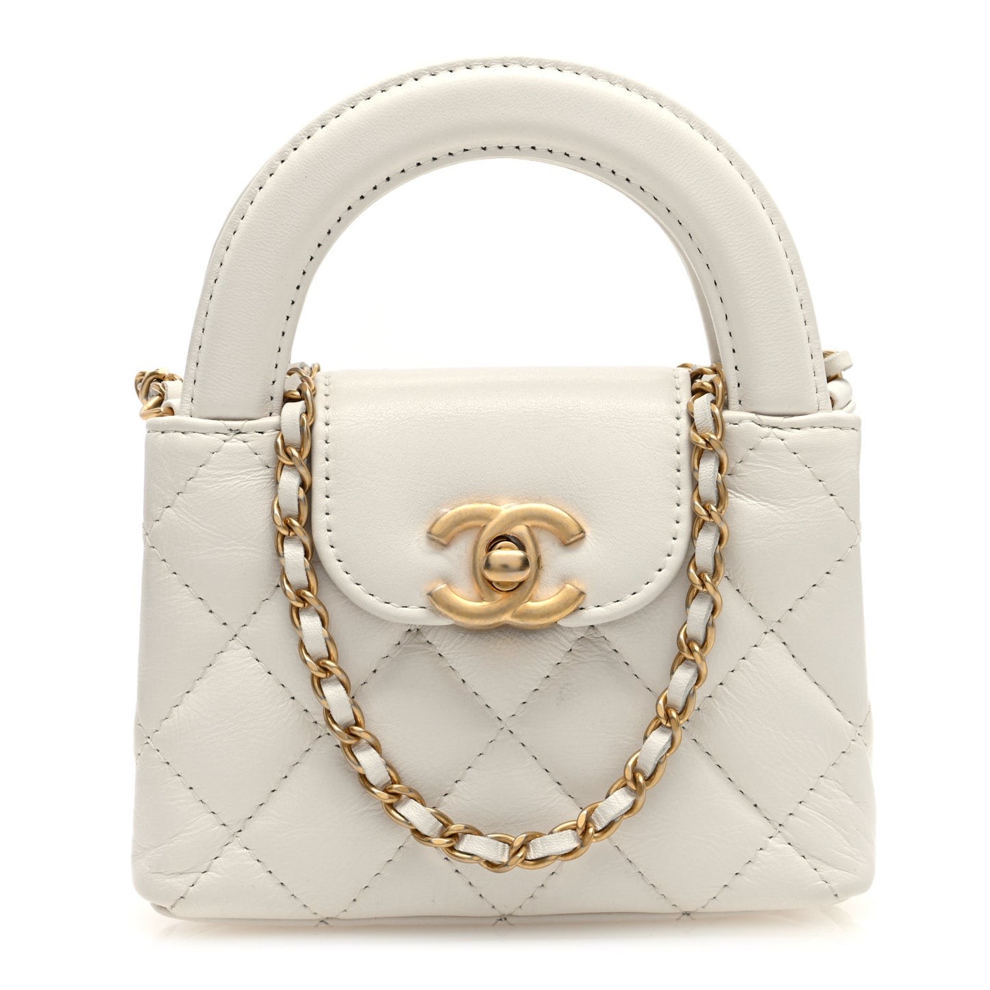 Shiny Aged Calfskin Quilted Mini Nano Kelly Shopper White