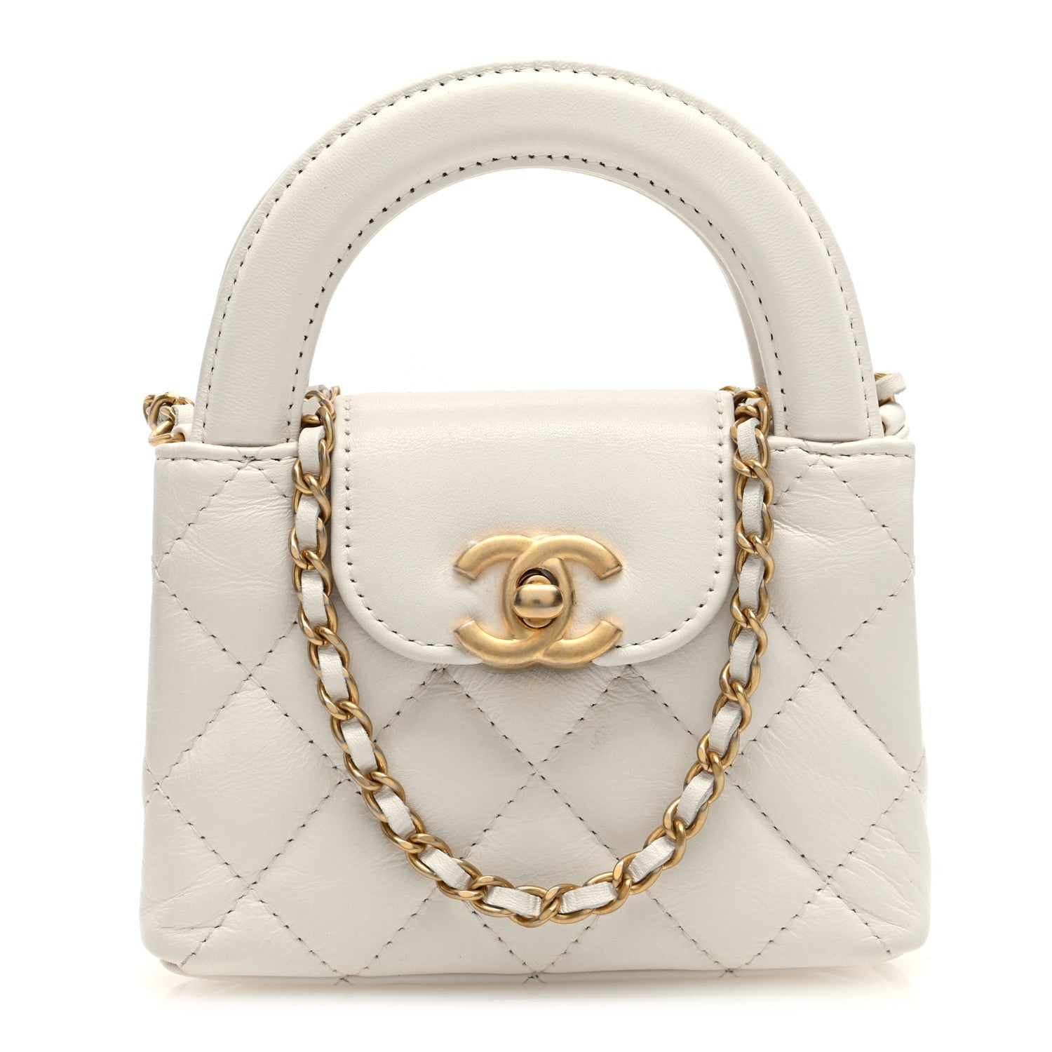 Chanel Shiny Aged Calfskin Quilted Mini Nano Kelly Shopper White 1 of 11