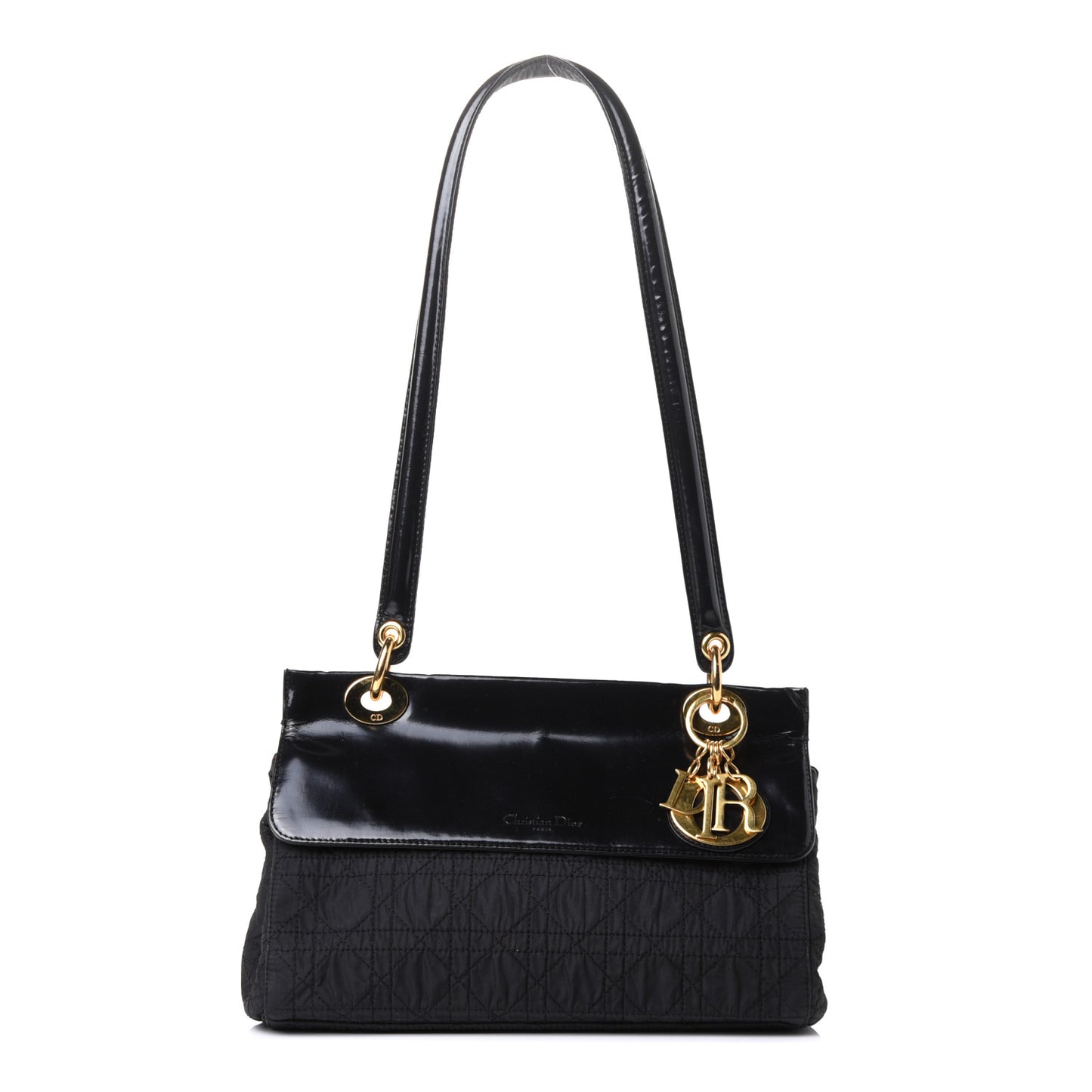 Nylon Glazed Calfskin Cannage Shoulder Bag Black