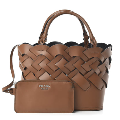 Prada Vitello Intreccio Tote Bag Cognac Black 10 of 10