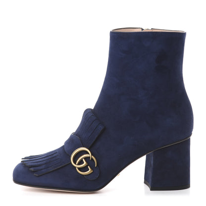 Gucci Kid Scamosciato GG Marmont Fringe 75mm Ankle Boots 40.5 Blue Ink 1 of 7