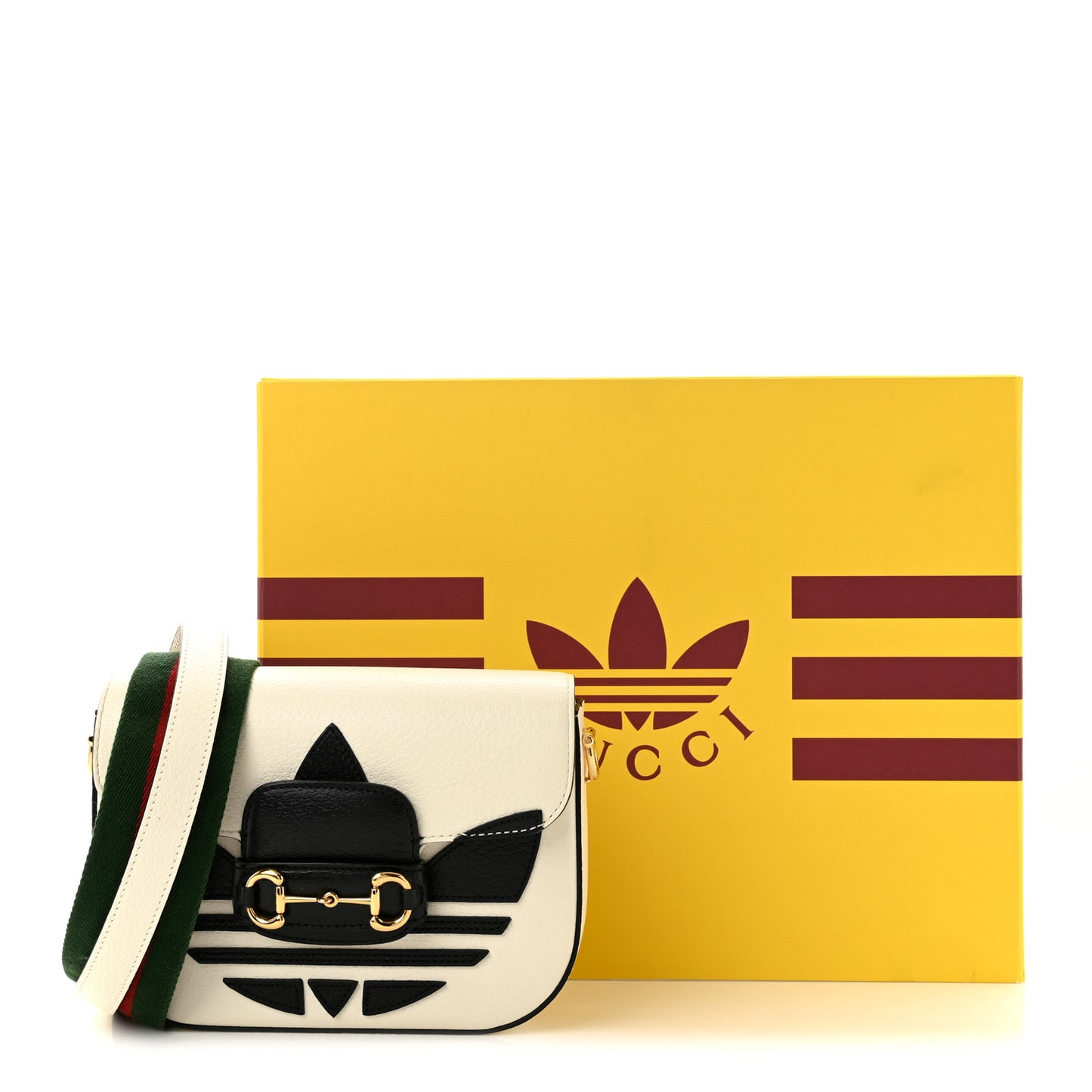X ADIDAS Textured Dollar Calfskin Web Trefoil Mini Horsebit 1955 Shoulder Bag Off White Black Off White Black