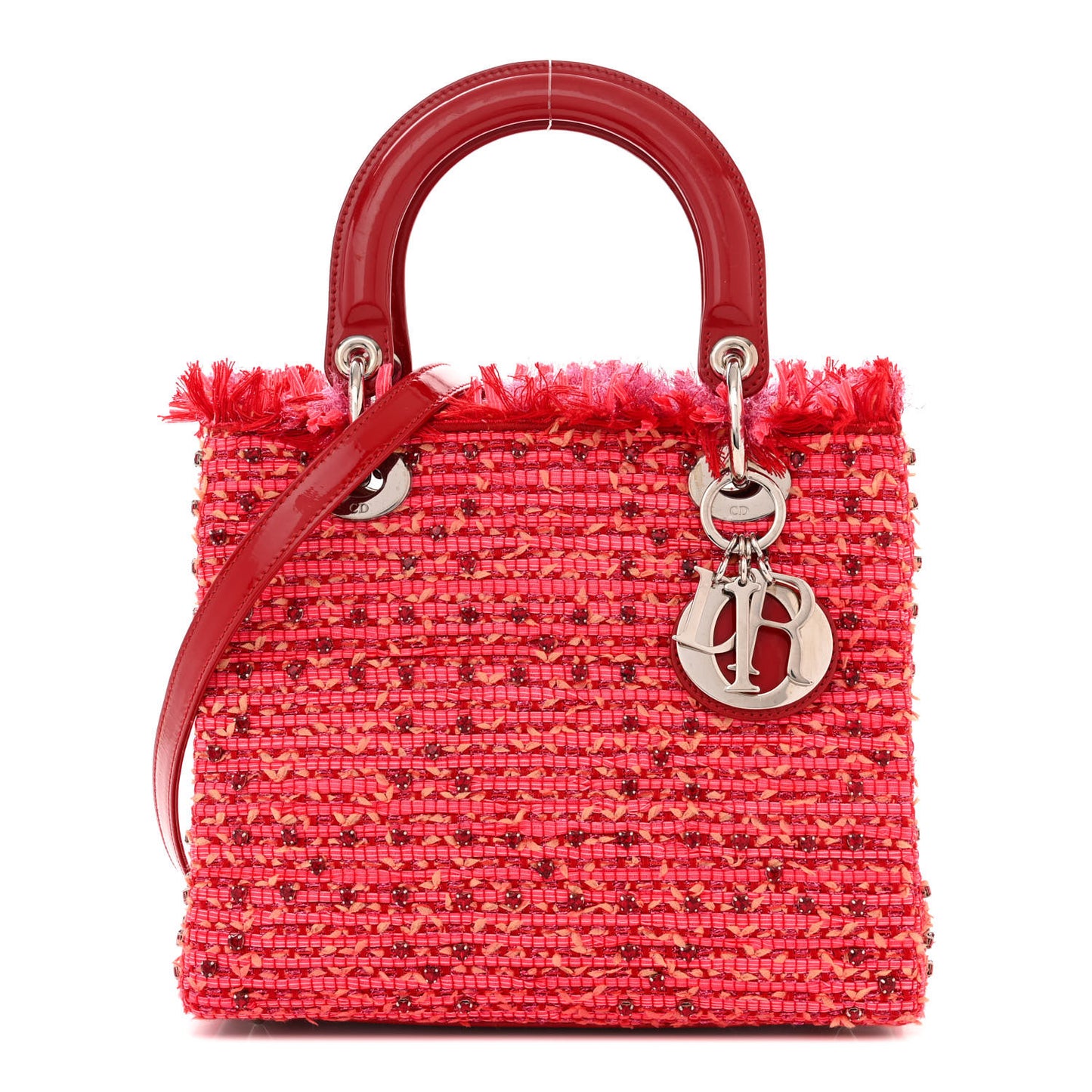 Tweed Fringe Rhinestone Medium Lady Dior Red