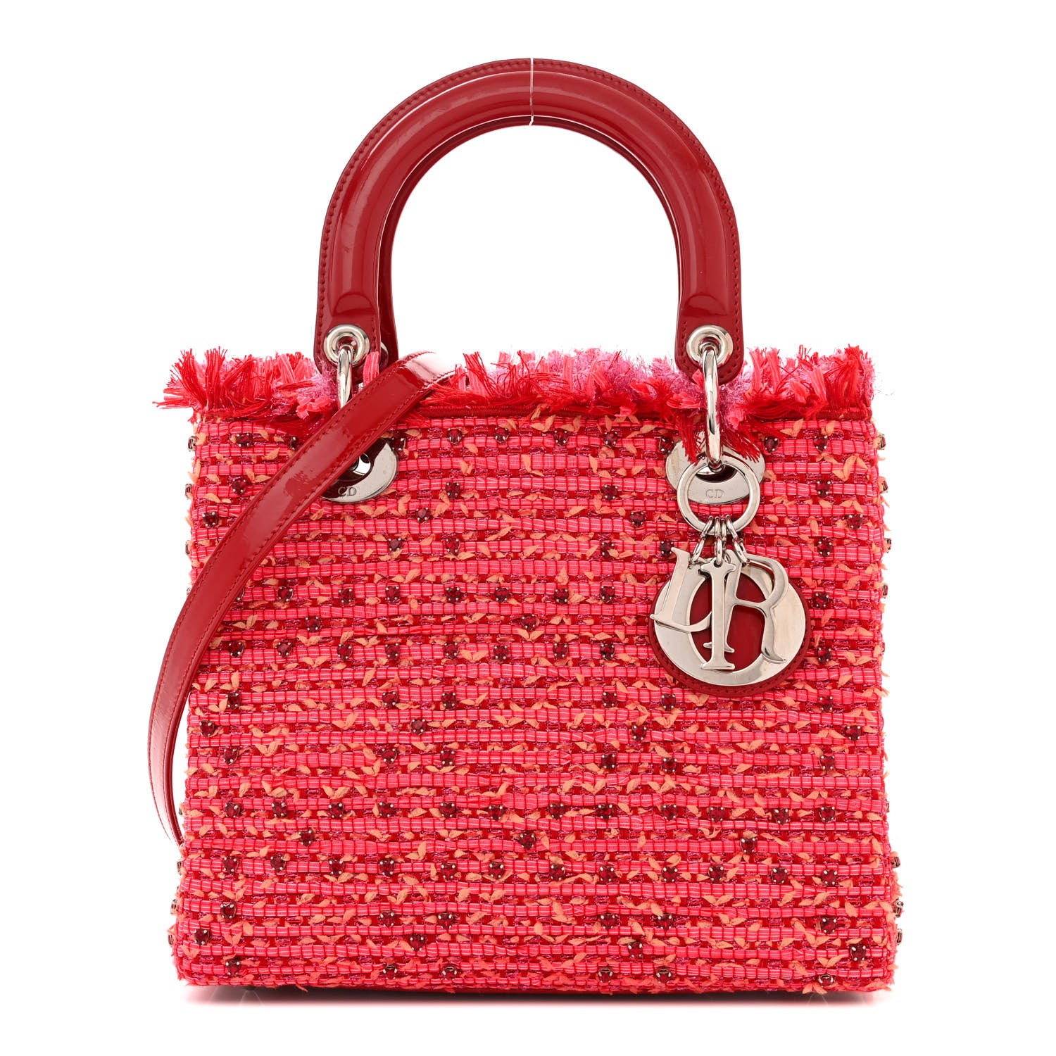Christian Dior Tweed Fringe Rhinestone Medium Lady Dior Red 1 of 12