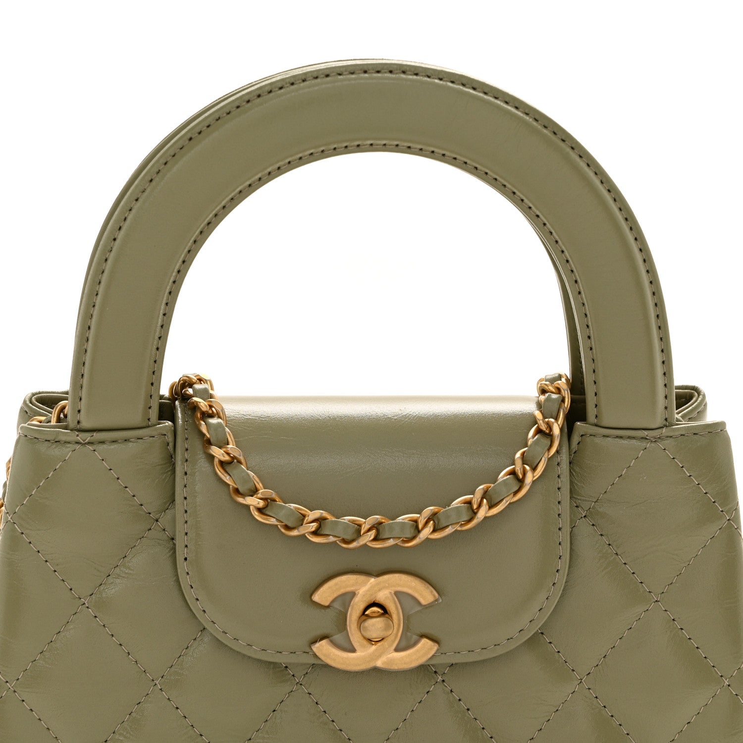 Chanel Shiny Aged Calfskin Quilted Nano Kelly Shopper Khaki 8 of 11
