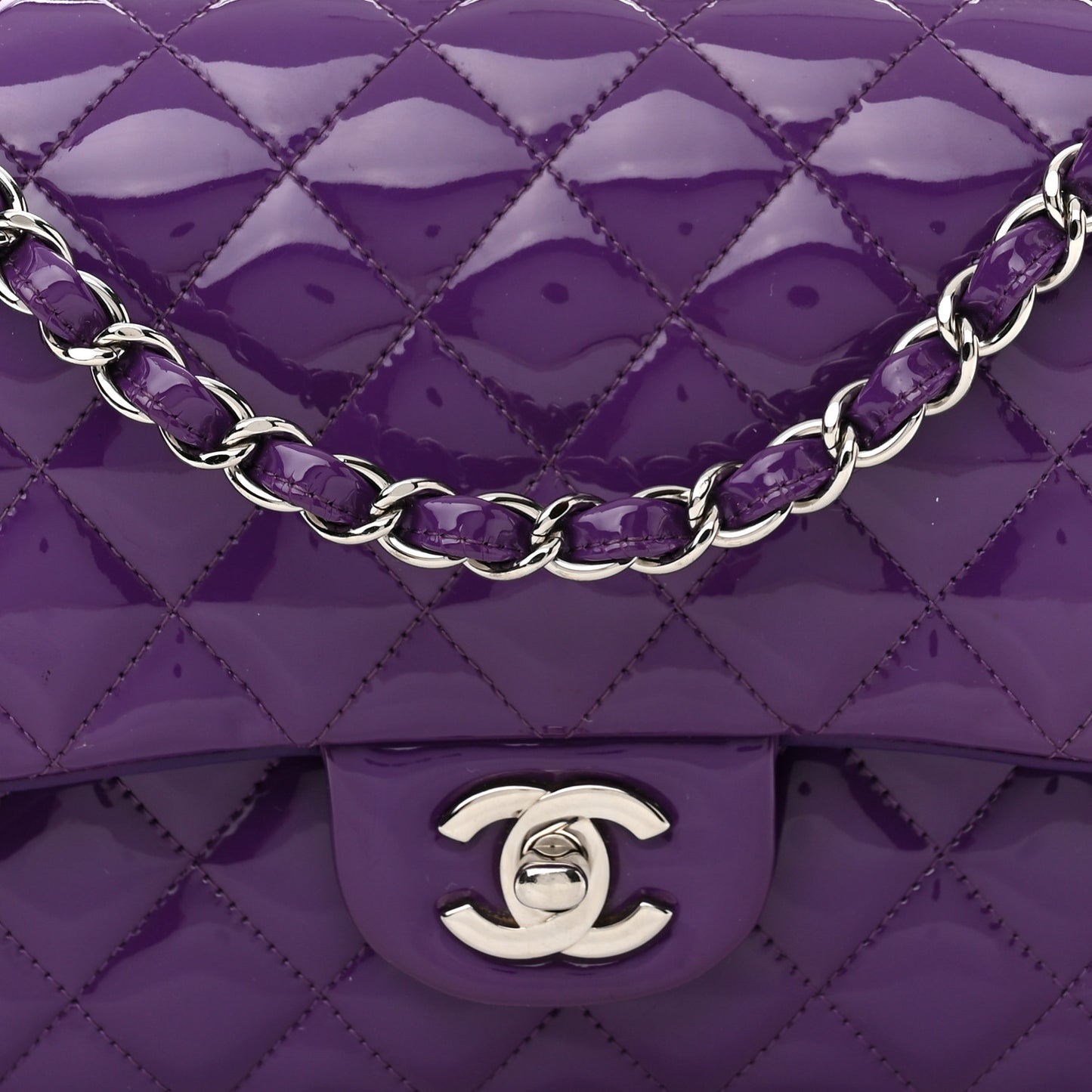 Patent Calfskin Quilted Medium Double Flap Purple