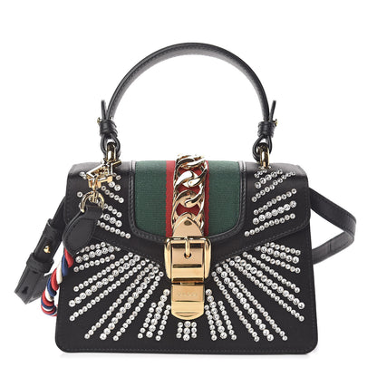 Gucci Satin Crystal Mini Sylvie Top Handle Bag Black 1 of 12