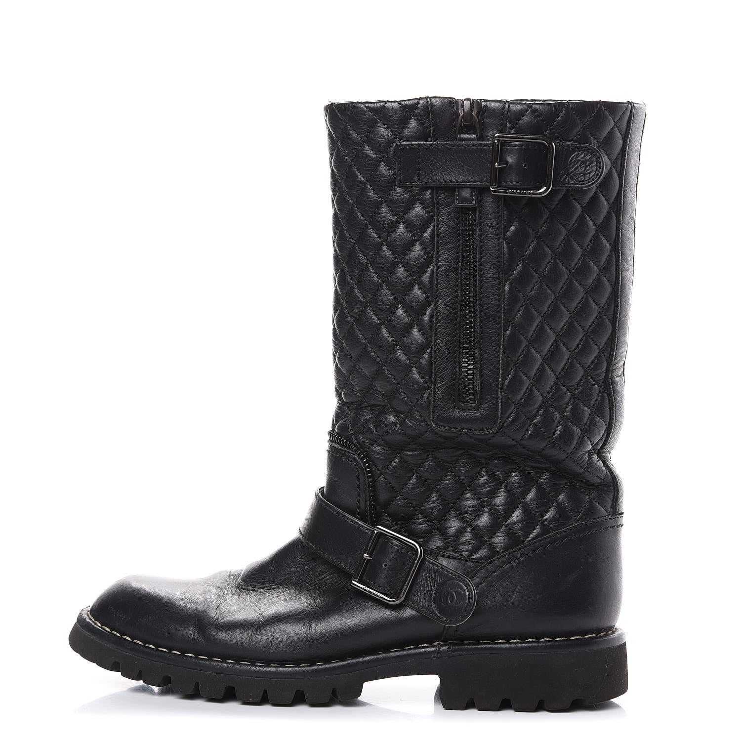 Chanel Calfskin Quilted Biker Boots 38.5 Black 1 of 15