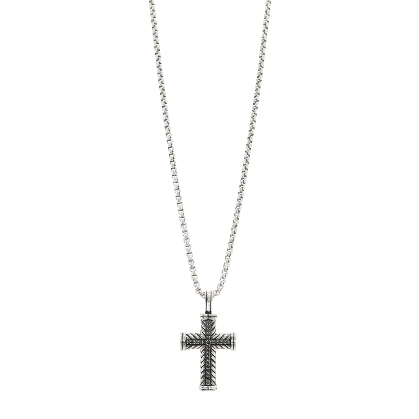 Sterling Silver Black Diamond Chevron Cross Pave Pendant Necklace