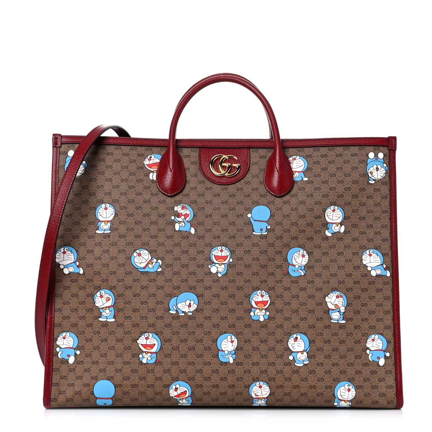 X DORAEMON Mini Vintage GG Supreme Monogram Large Tote Bag Beige Cherry Red