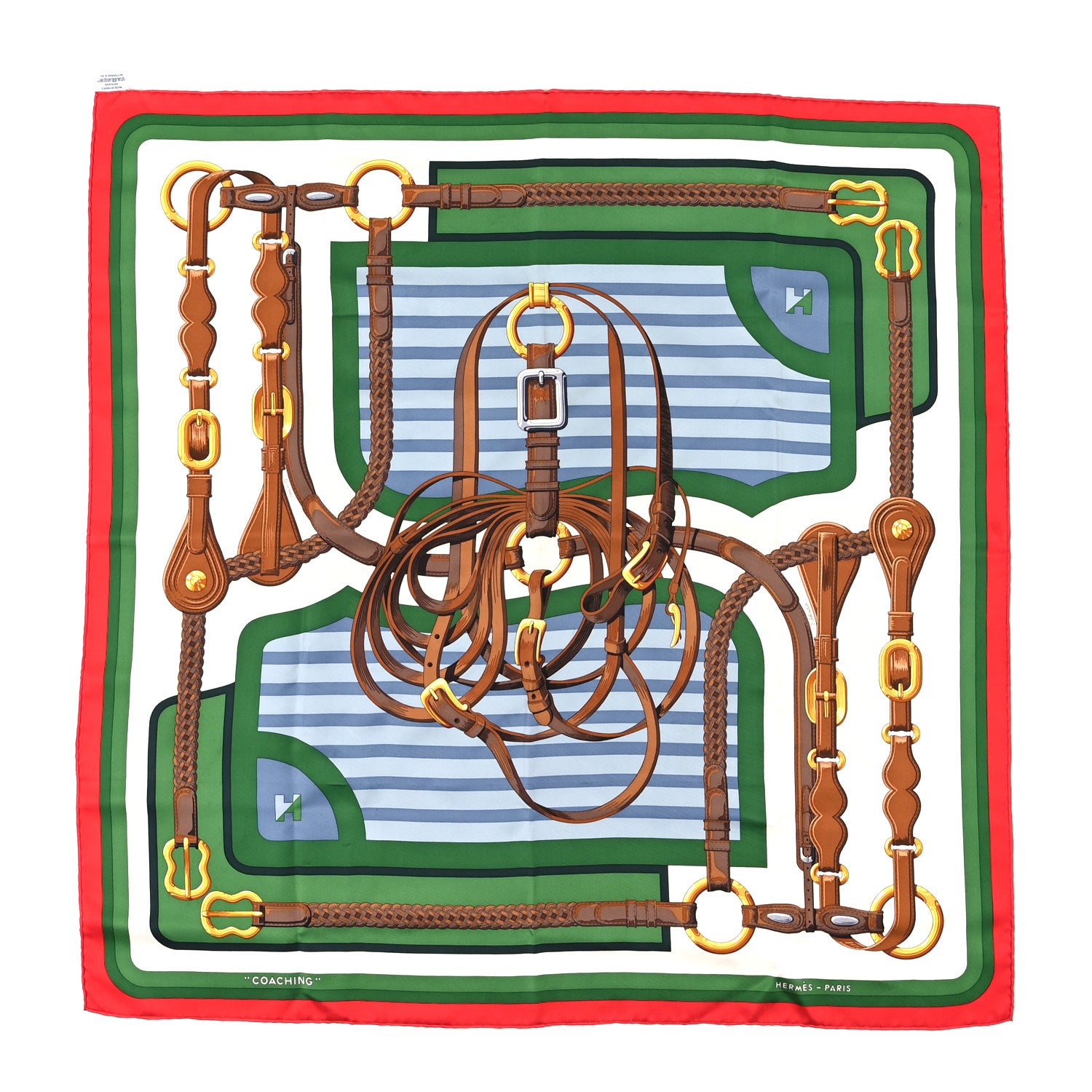 Hermes Silk Coaching Forever Scarf 90 Rouge Vert White 1 of 4