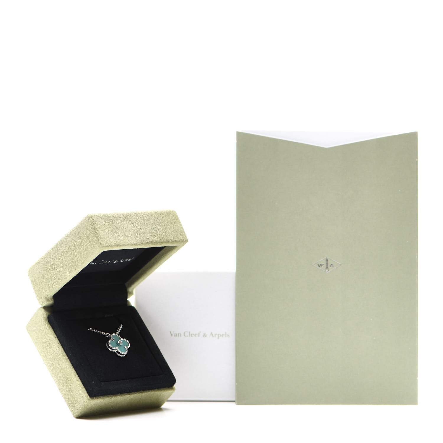 Van Cleef & Arpels 18K White Gold Diamond Celadon Green Sevres Porcelain Vintage Alhambra Pendant Necklace 6 of 6