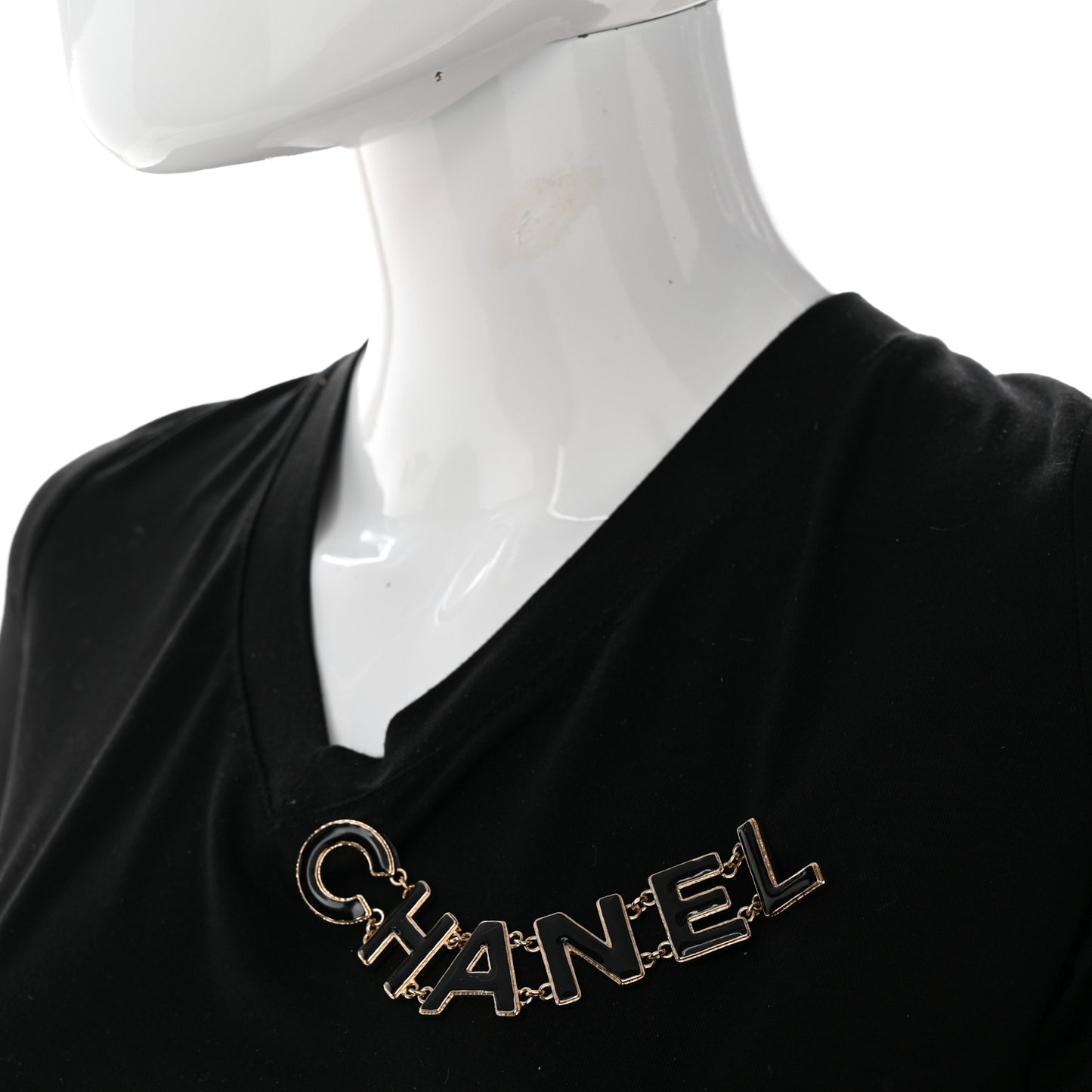 Crystal Cha-Nel Logo Brooch Black Gold