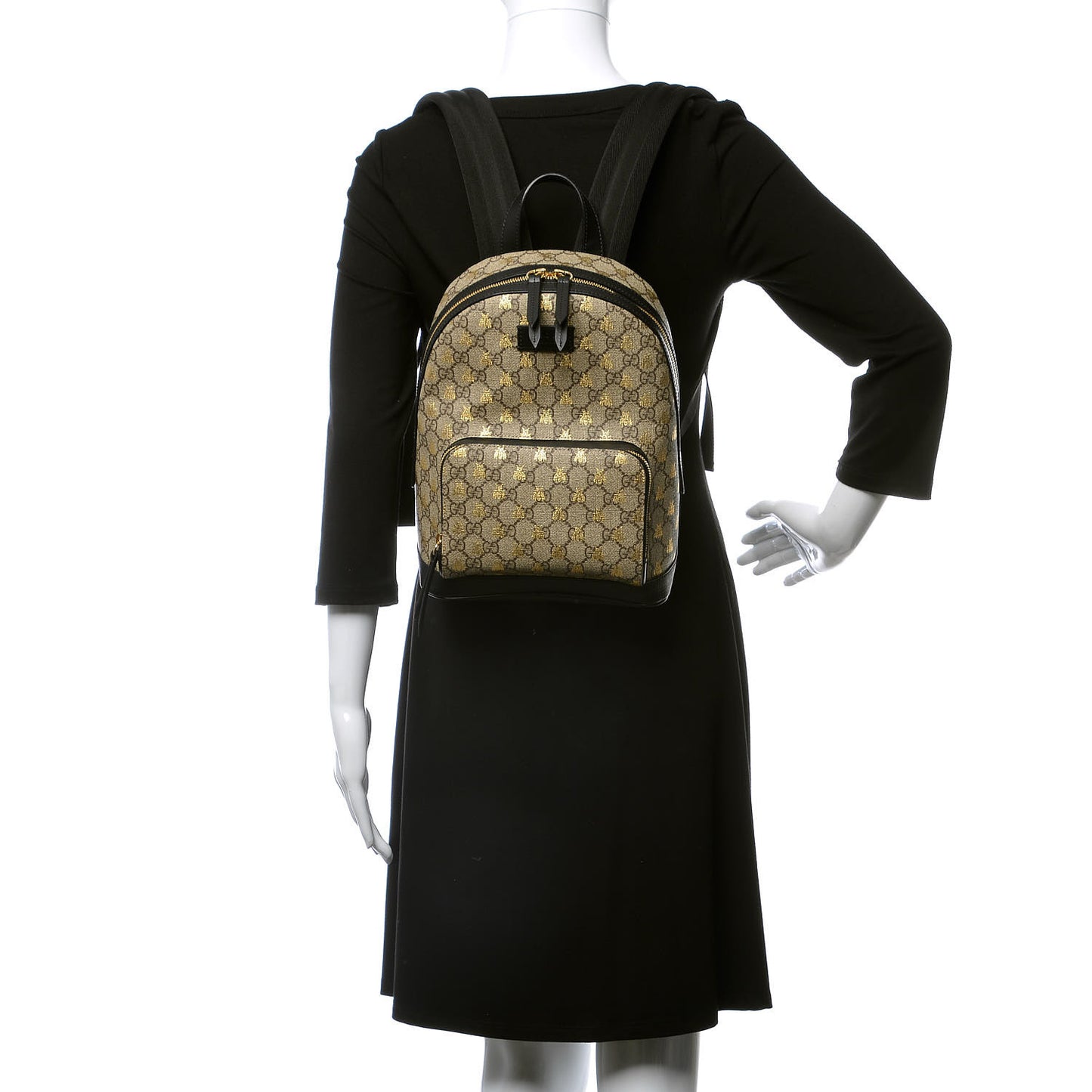 GG Supreme Monogram Bees Print Small Day Backpack Beige Oro Black