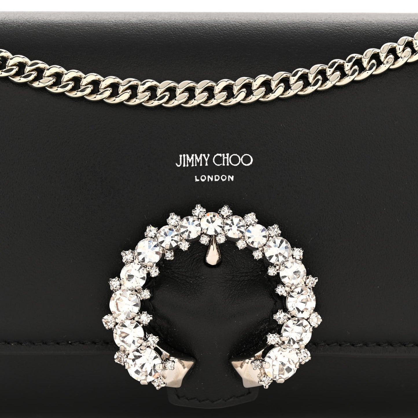 Smooth Calfskin Crystal Embellished Chain Wallet Black