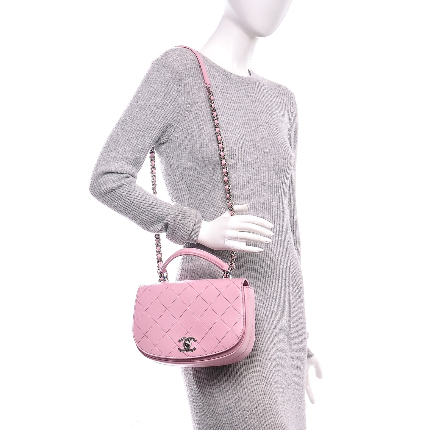Calfskin Stitched Ring My Bag Flap Crossbody Pink