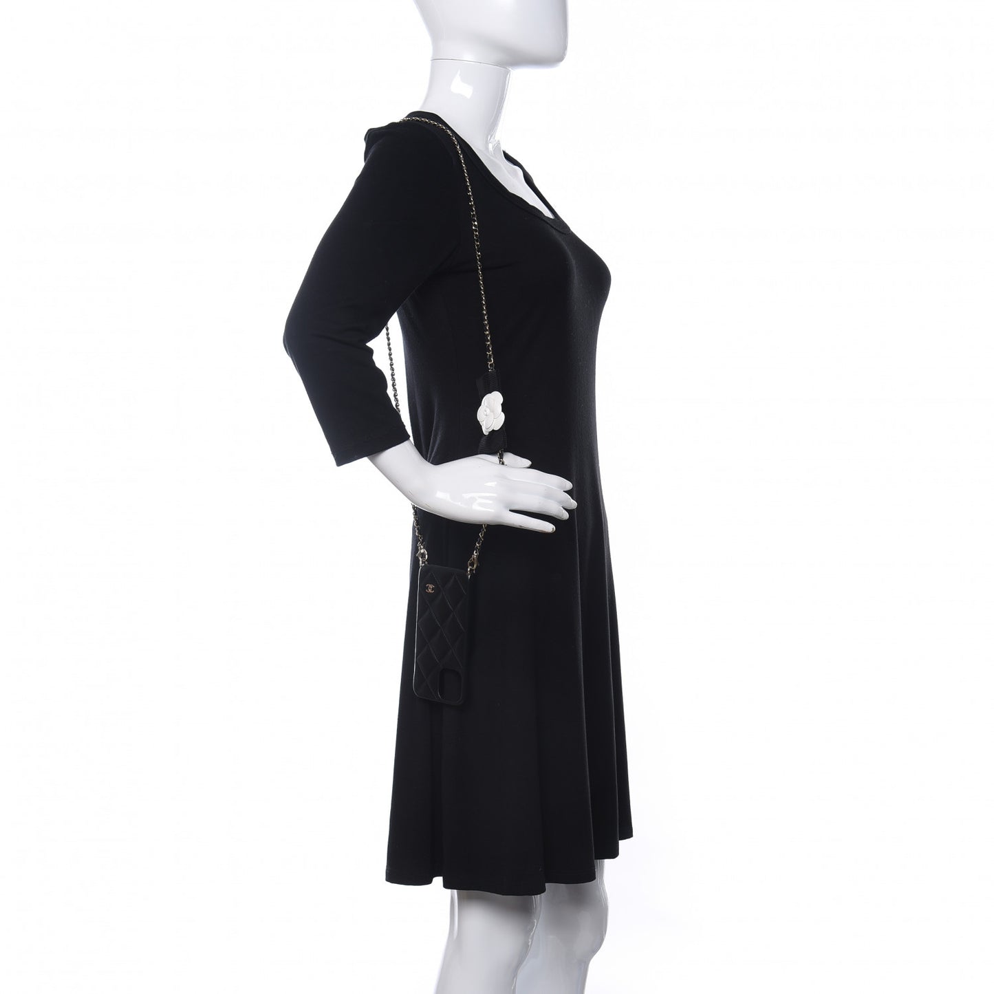 Lambskin Quilted Camellia Bow iPhone XII Pro Holder With Chain Black