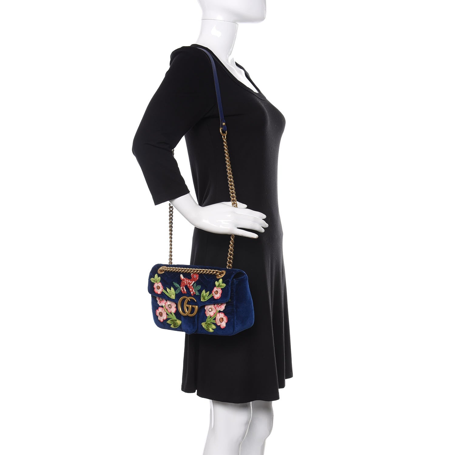 Gucci Velvet Matelasse Deer Embroidered Small GG Marmont Shoulder Bag Cobalt 2 of 11