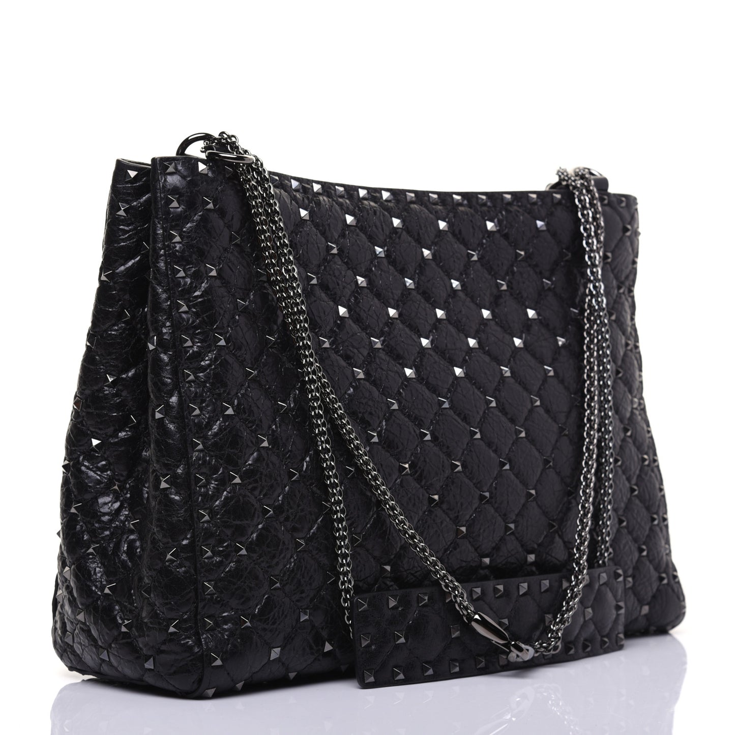 Craquele Nappa Rockstud Spike Shoulder Tote Black