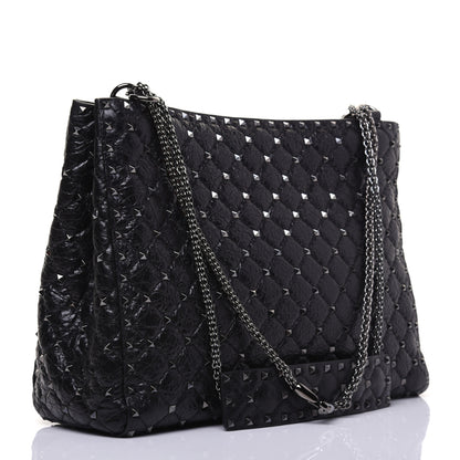 Valentino Garavani Craquele Nappa Rockstud Spike Shoulder Tote Black 3 of 14