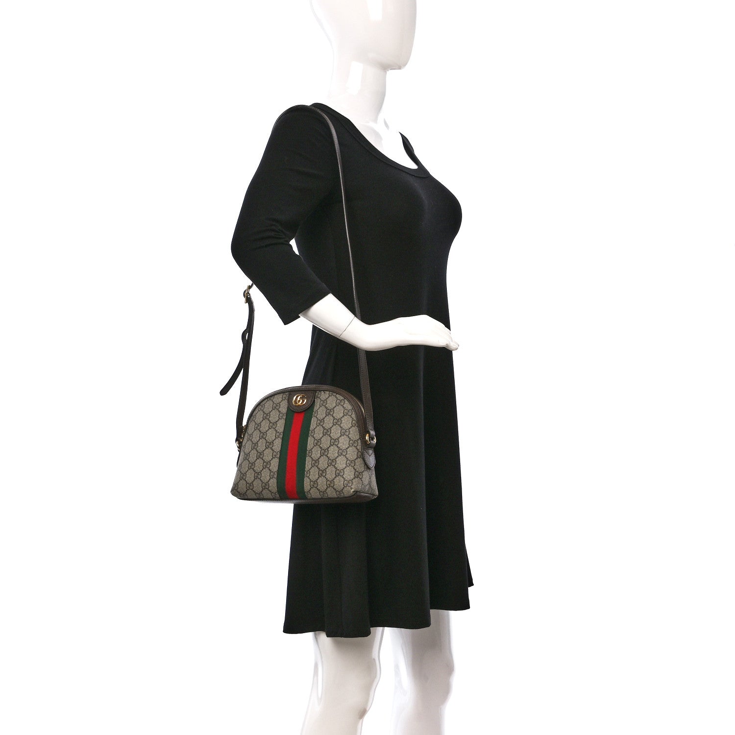 Gucci GG Supreme Monogram Textured Dollar Calfskin Web Small Ophidia Dome Shoulder Bag Beige Ebony New Acero 2 of 10