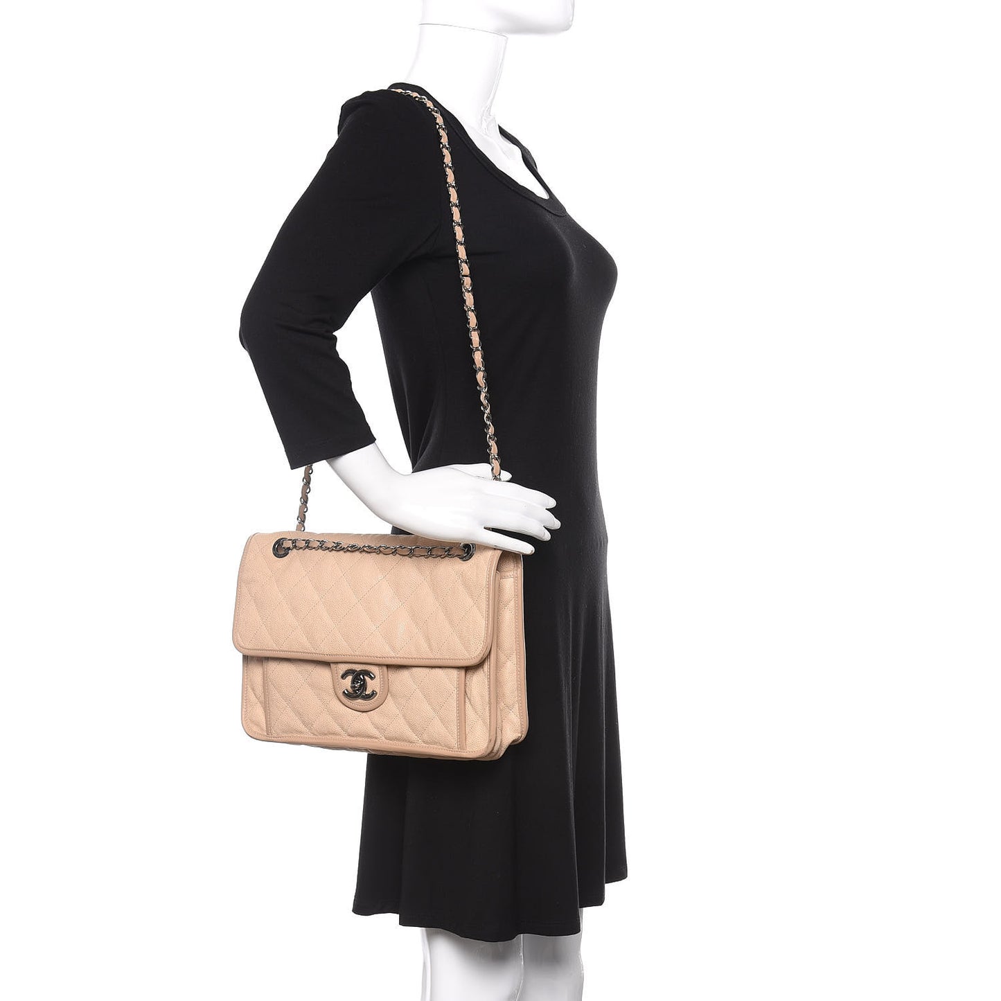 Caviar Quilted Large French Riviera Flap Beige