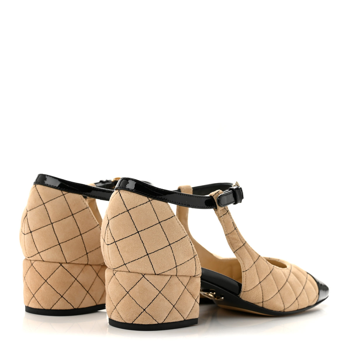 Suede Kidskin Patent Cap Toe Quilted Mary Jane Flats 40 Beige Black