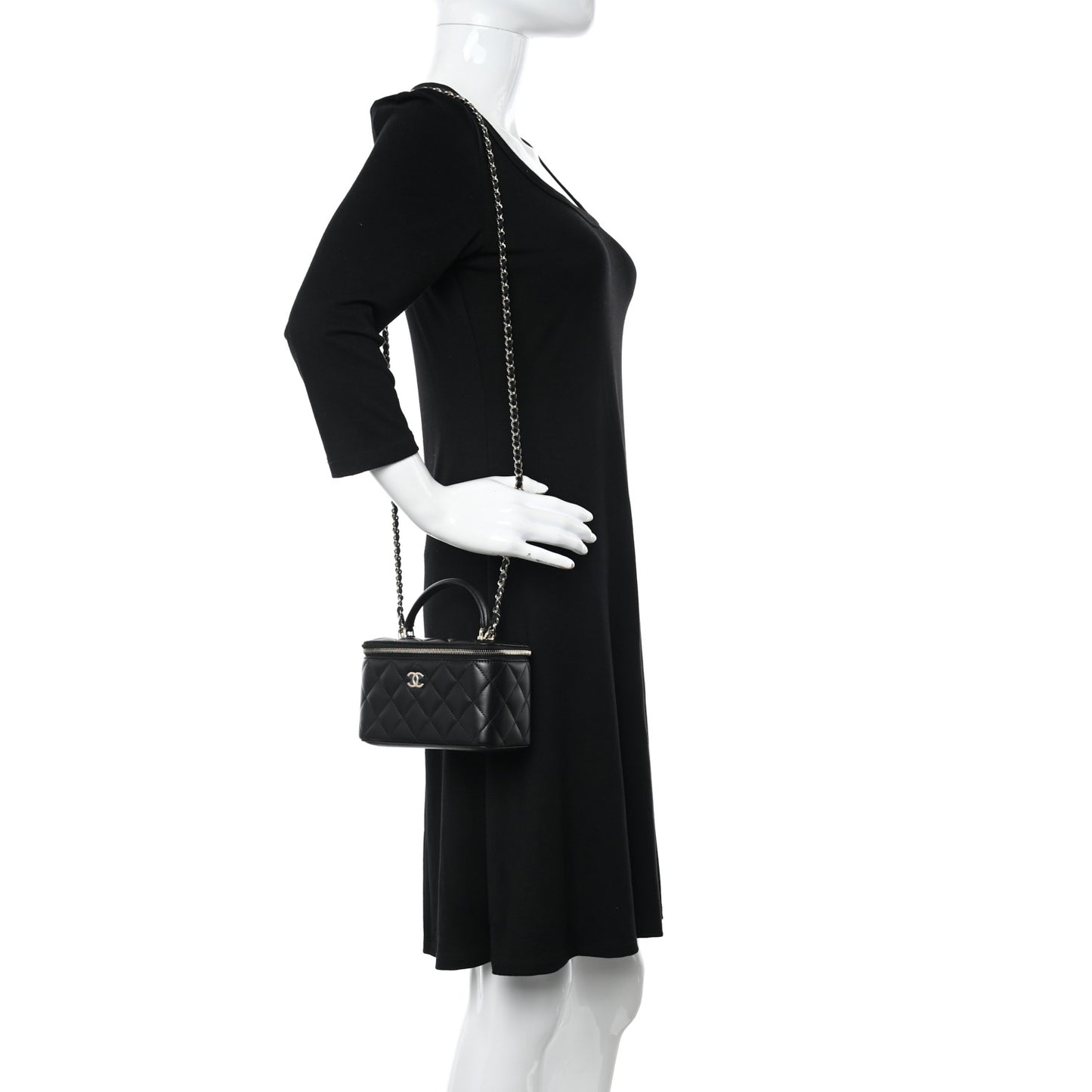 Lambskin Quilted Small Top Handle Vanity Case With Chain Black