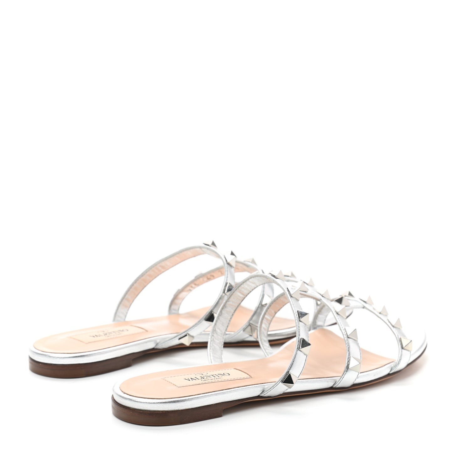 Metallic Nappa Rockstud Caged Flat Slide Sandals 35.5 Silver
