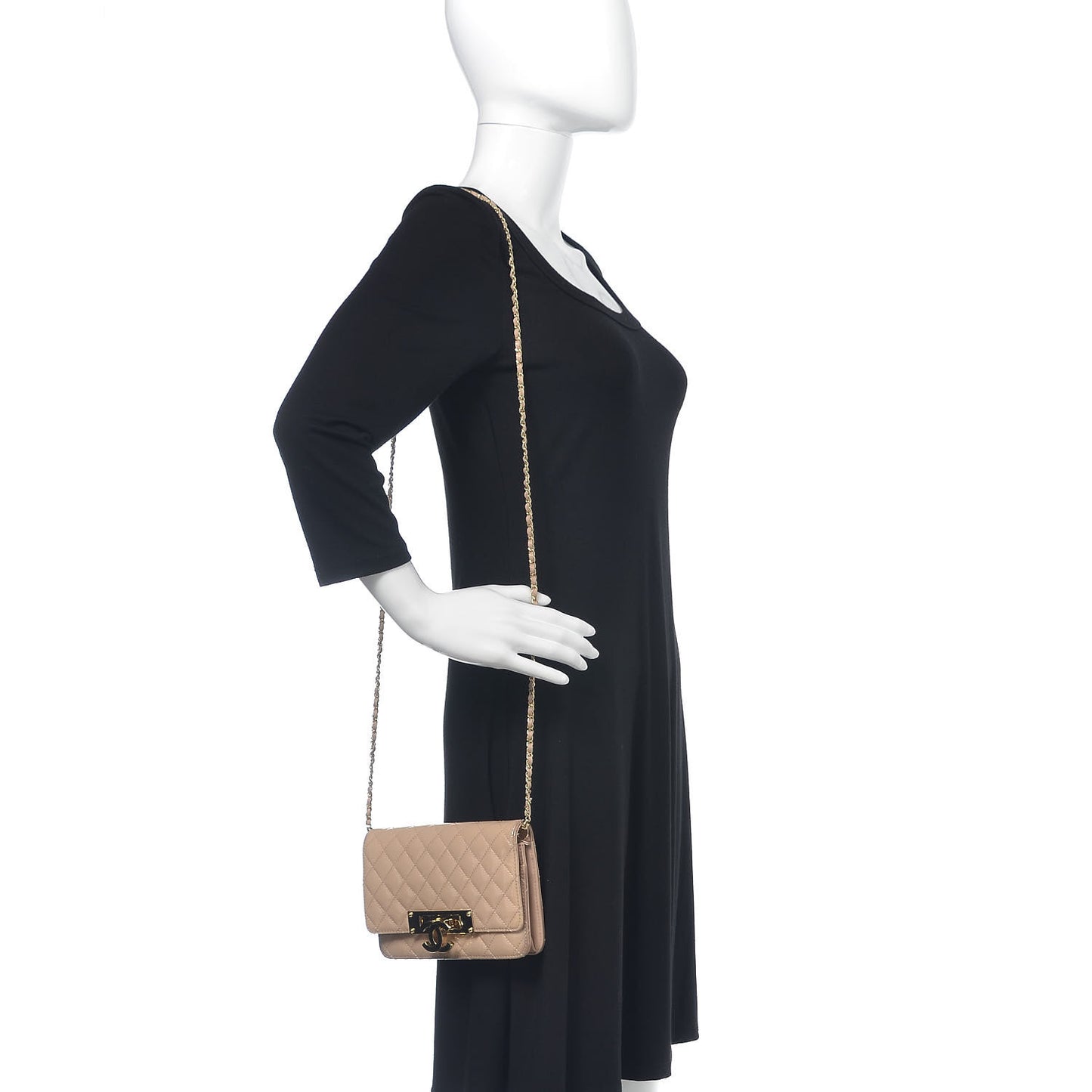 Patent Quilted Golden Class Clutch With Chain Light Beige
