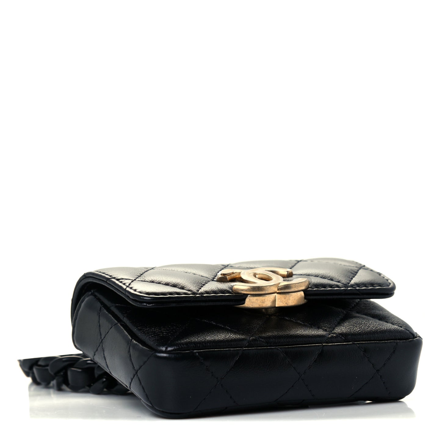 Lambskin Lacquered Metal Quilted Flap Chain Belt Bag Black