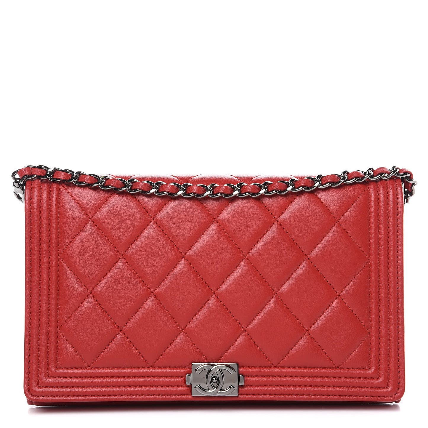 Lambskin Quilted Boy Wallet On Removable Chain WOC Red