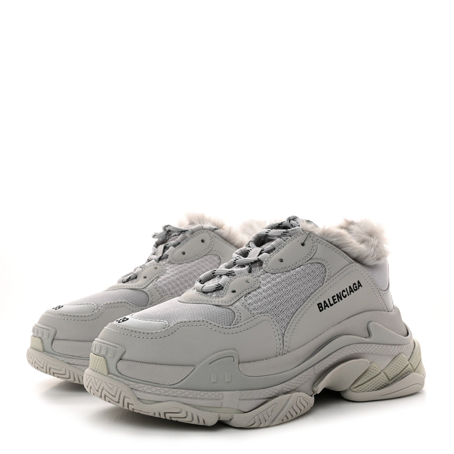Balenciaga Fabric Mesh Faux Fur Triple S Sneakers 39 Grey 3 of 9