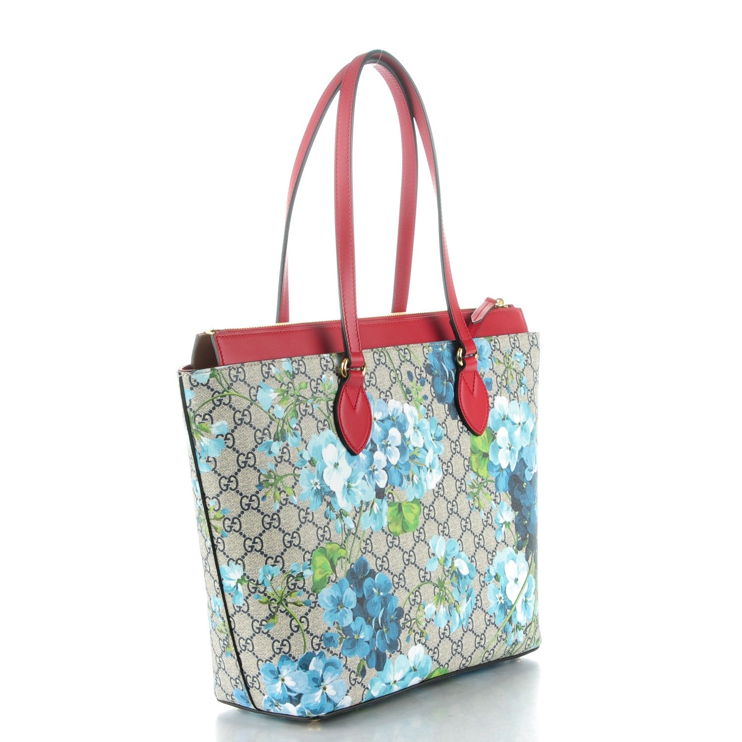 Gucci GG Supreme Monogram Blooms Medium Zippered Bucket Tote Beige Blue Navy Hibiscus Red 3 of 7