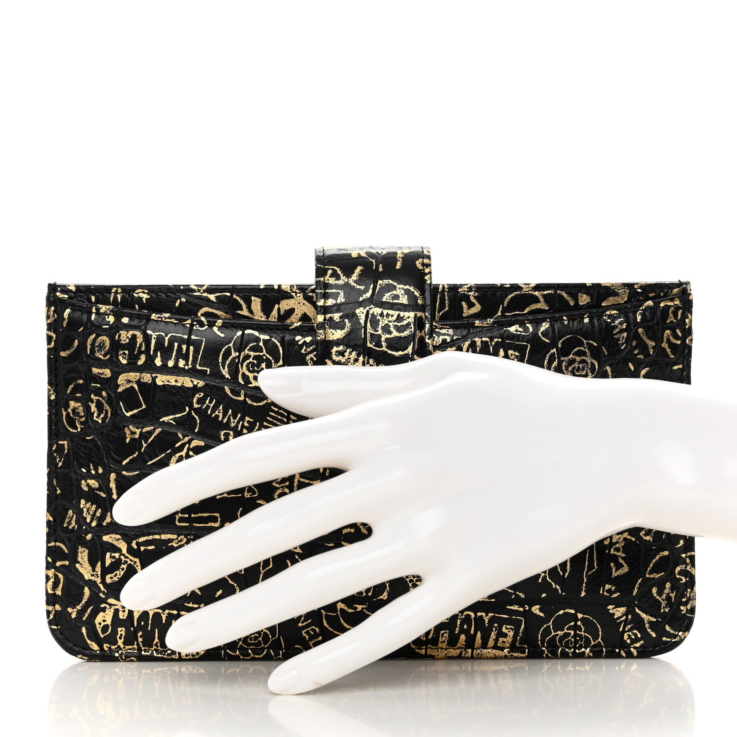 Chanel Calfskin Crocodile Embossed Graffiti 2.55 Cocodile Reissue Strap Pouch Black Gold 2 of 10