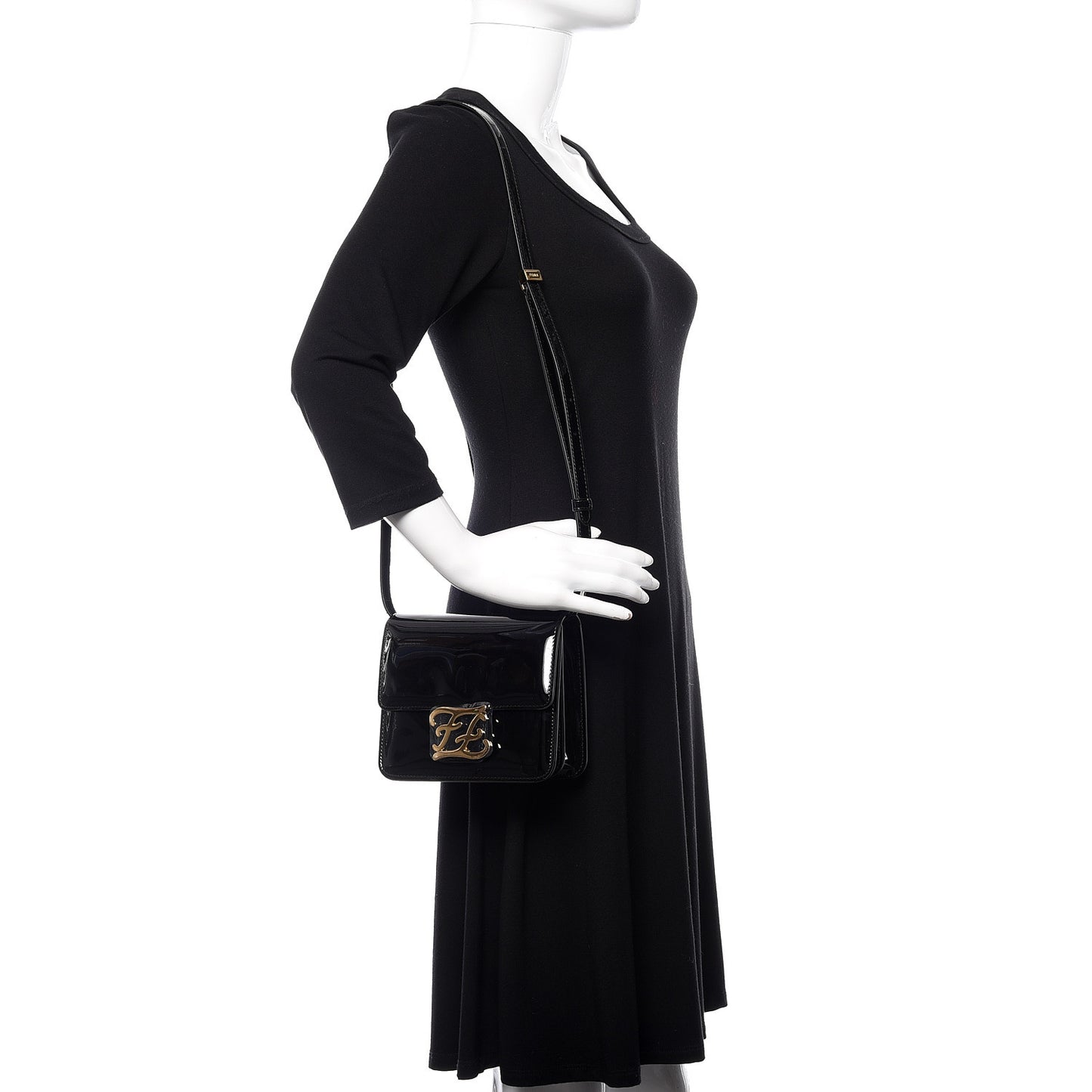 Vitello Vernice Mou Karligraphy Crossbody Bag Black