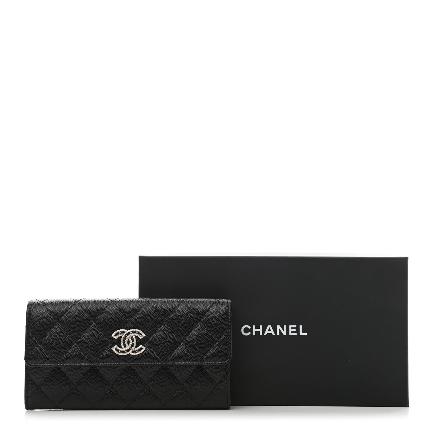Caviar Quilted Crystal CC Large Gusset Flap Wallet Black