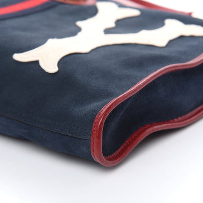 Gucci X MLB Suede Calfskin NY Yankees Large Rajah Chain Tote New Blue Romantic Cherry 10 of 12