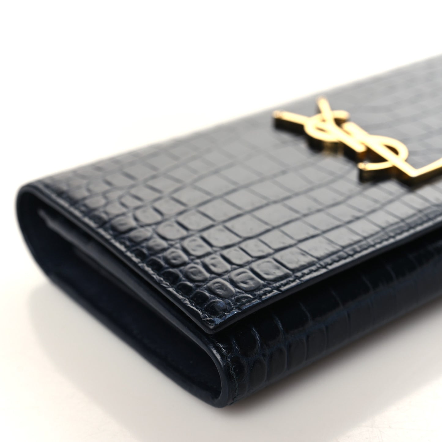 Calfskin Crocodile Embossed Monogram Flap Wallet Navy