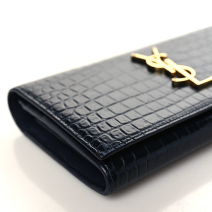 Saint Laurent Calfskin Crocodile Embossed Monogram Flap Wallet Navy 8 of 10