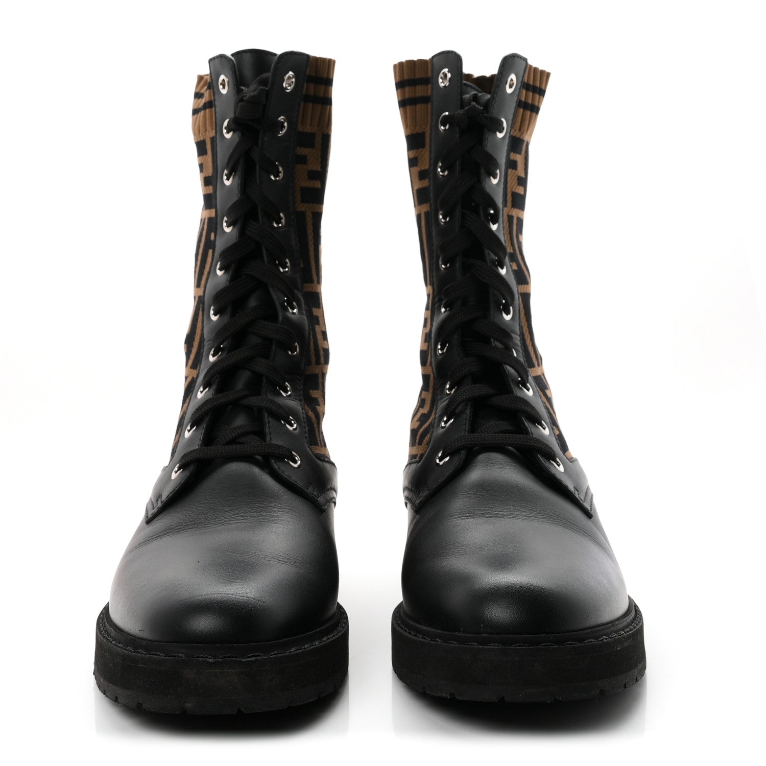 Fendi Calfskin Stretch Fabric FF Rockoko Biker Boots 41 Black Tobacco 3 of 8