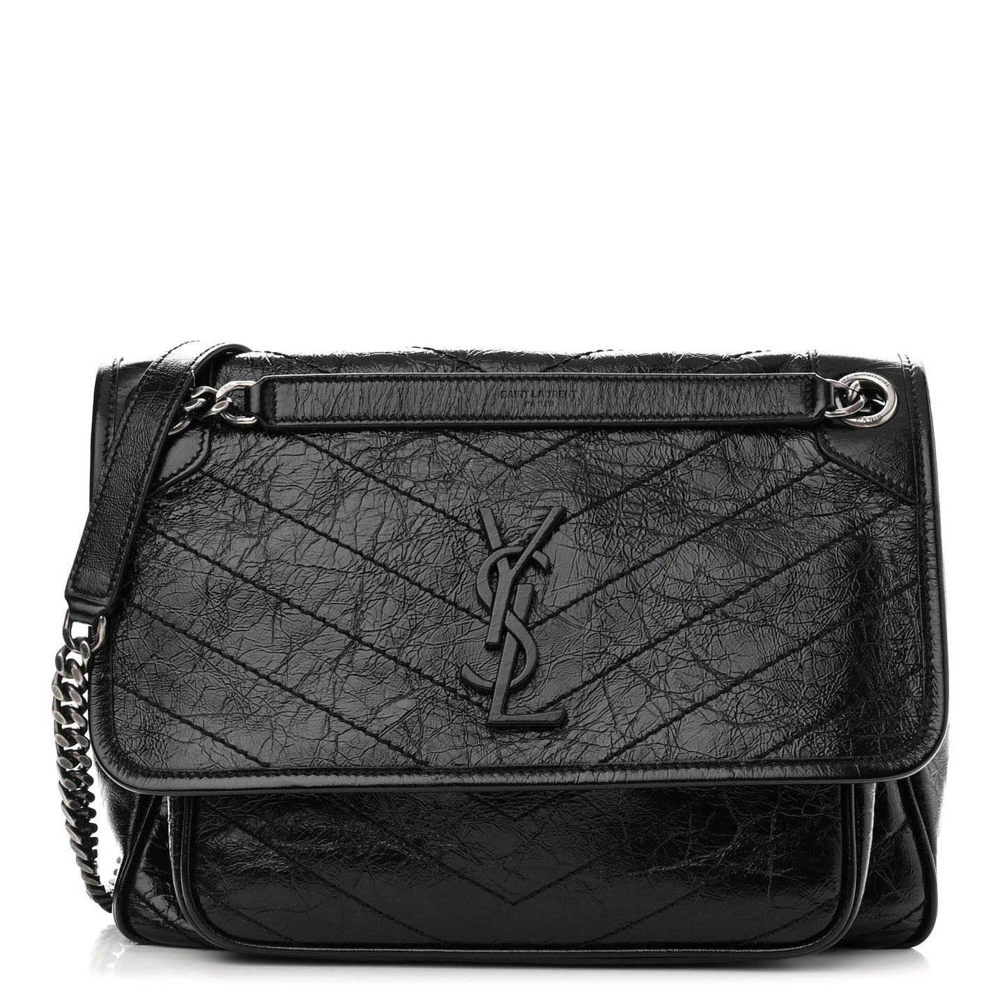 Crinkled Calfskin Matelasse Monogram Medium Niki Chain Satchel Black