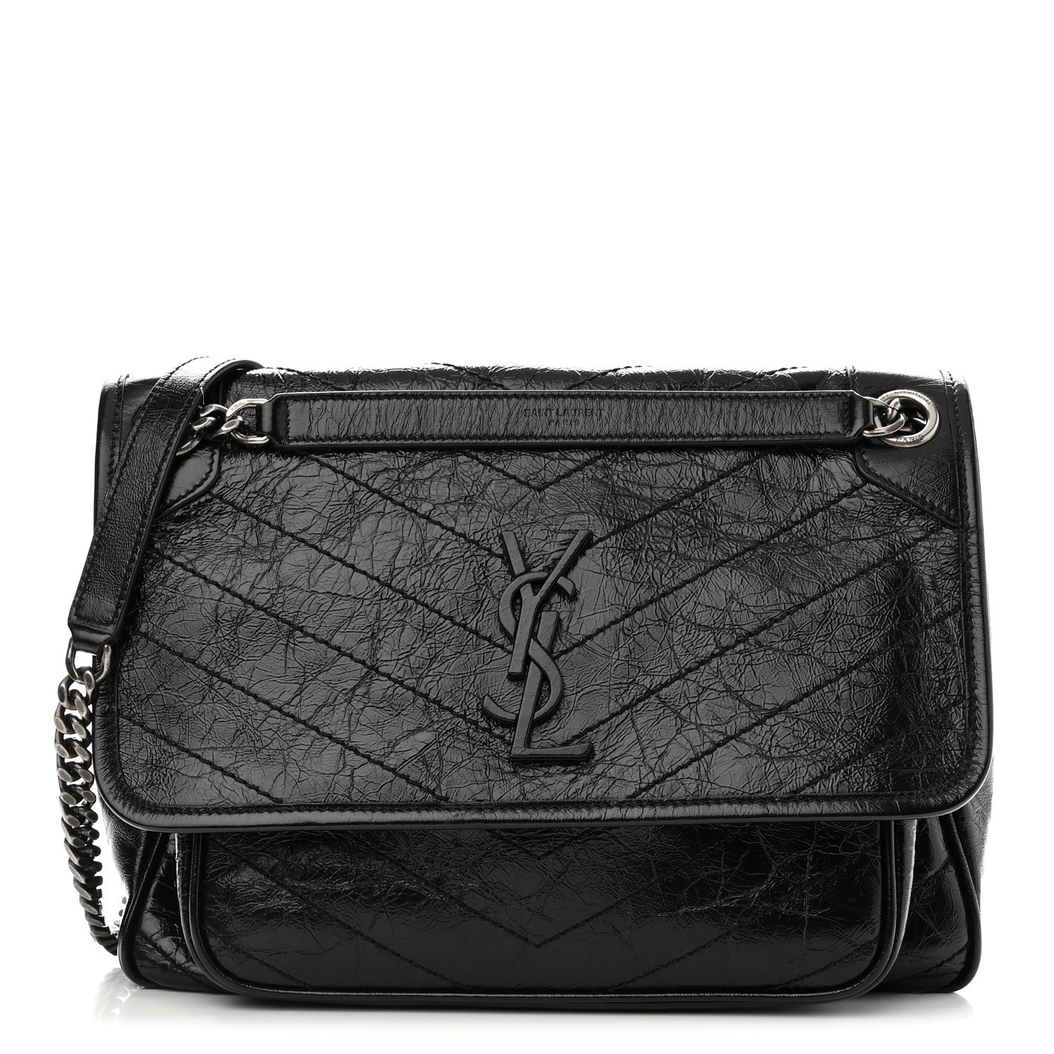 Saint Laurent Crinkled Calfskin Matelasse Monogram Medium Niki Chain Satchel Black 1 of 8