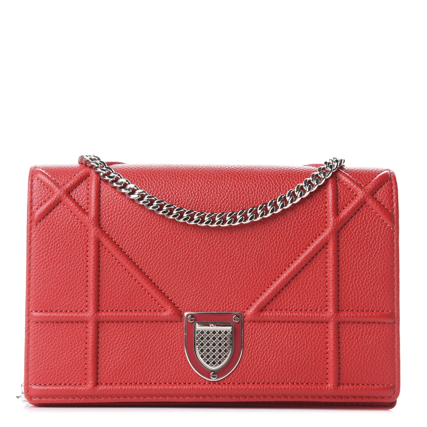 Christian Dior Grained Calfskin Diorama Wallet on Chain Pouch Rouge Vif 1 of 14