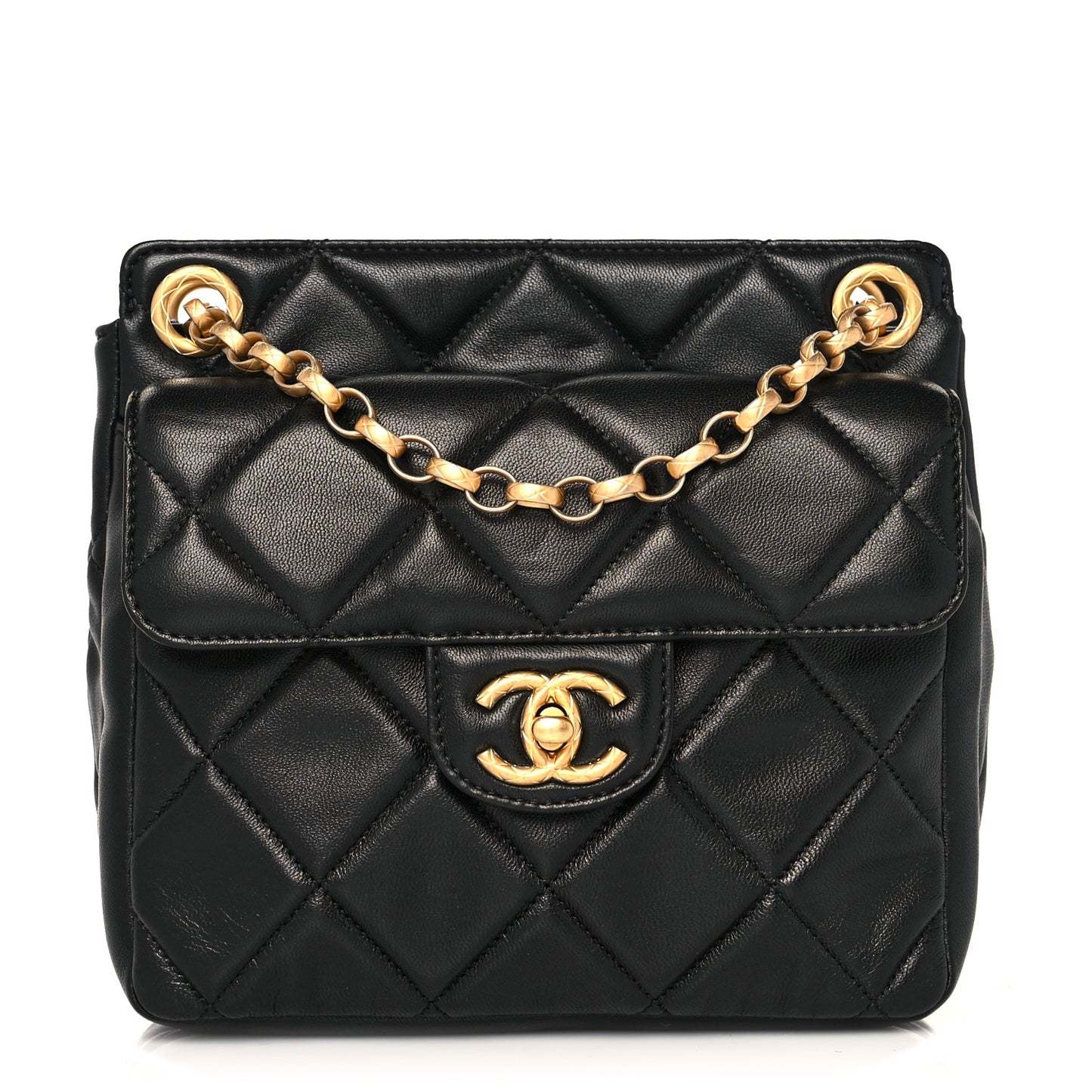 Lambskin Quilted Small Drawstring Shopping Bag With Flap Black