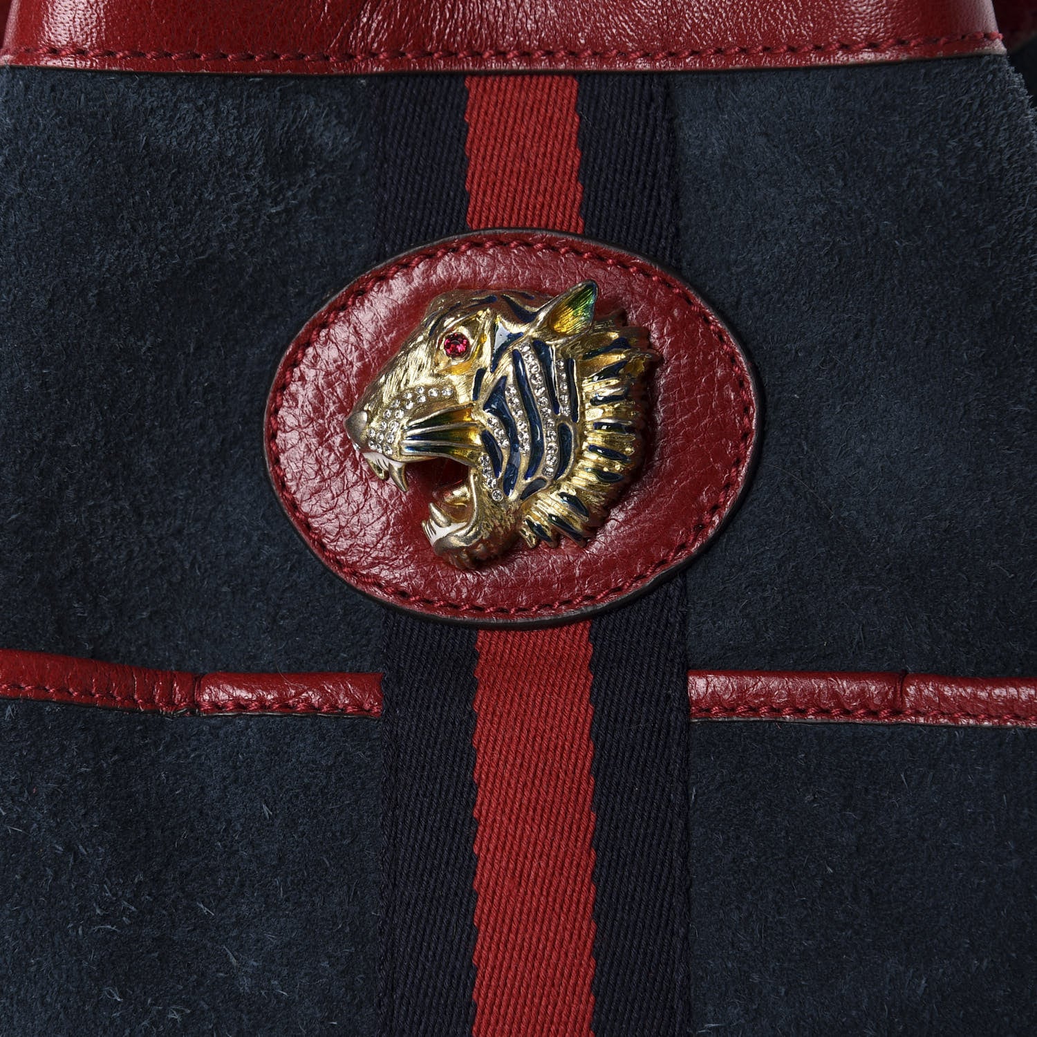 Gucci Suede Calfskin Web Medium Rajah Bucket Bag New Blue Romantic Cherry 9 of 9