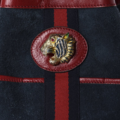 Gucci Suede Calfskin Web Medium Rajah Bucket Bag New Blue Romantic Cherry 9 of 9