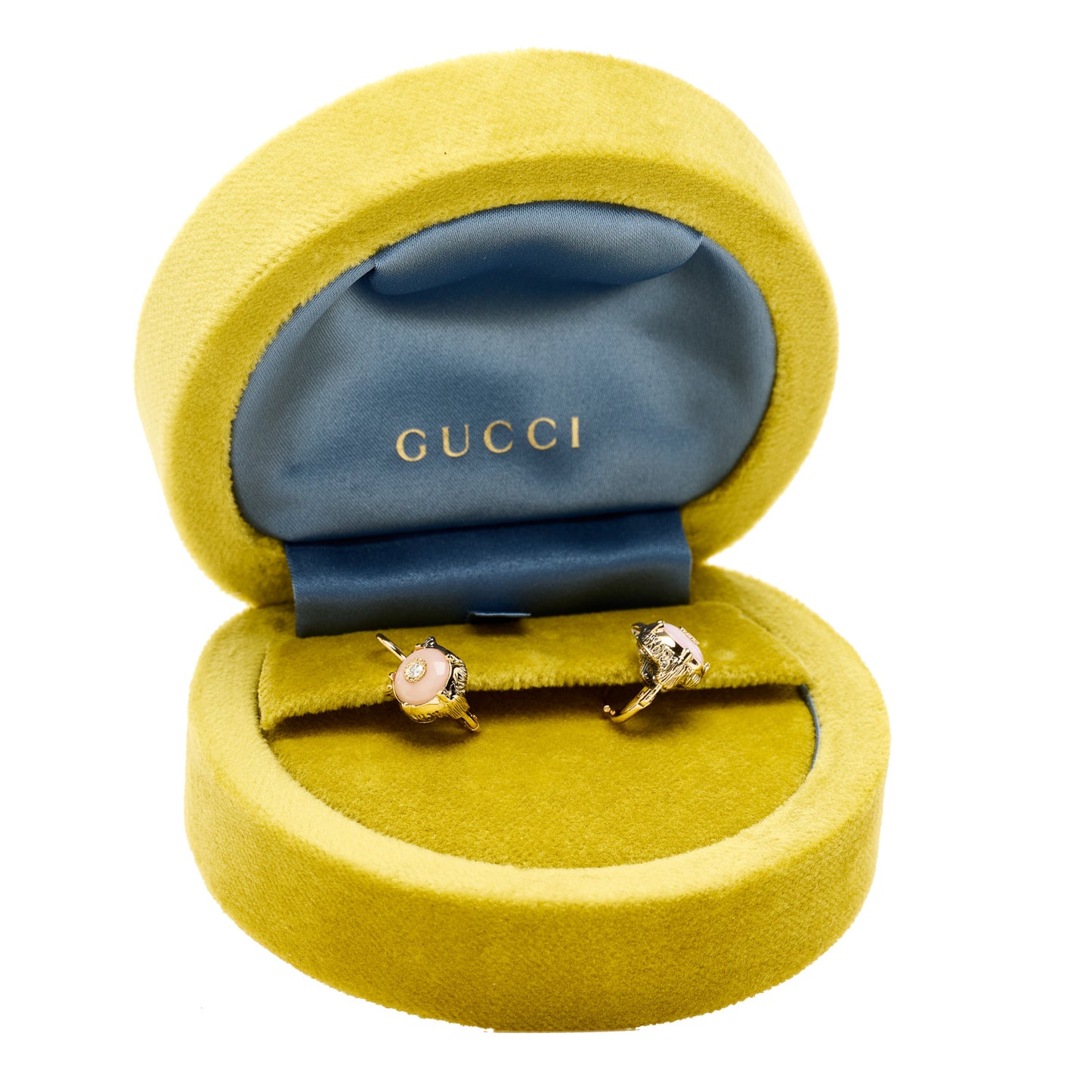 18K Yellow Gold Diamond Pink Opal Le Marche des Merveilles Feline Earrings
