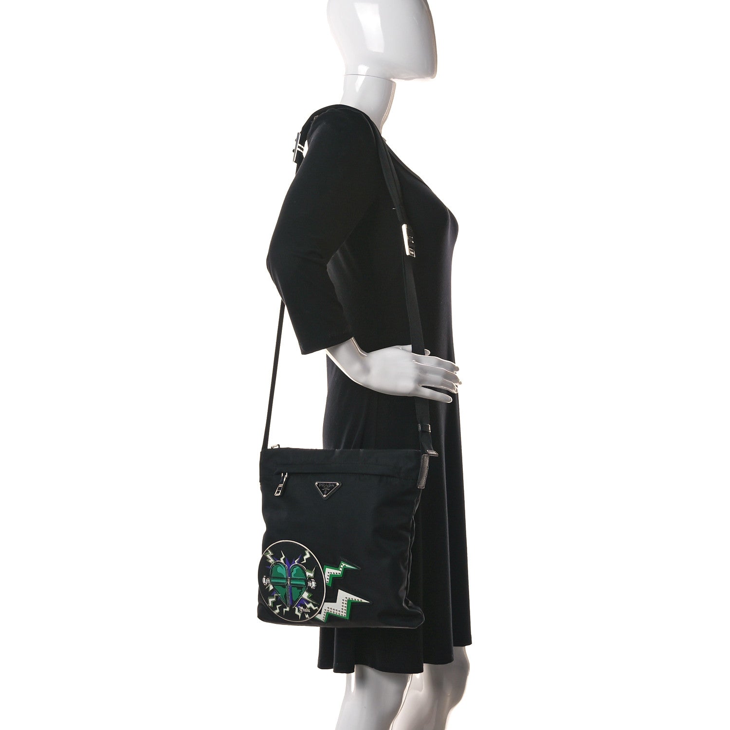 Prada X UNIVERSAL STUDIOS Tessuto Nylon Montagna Frankenstein Heart Small Crossbody Bag Black Smeraldo 2 of 14